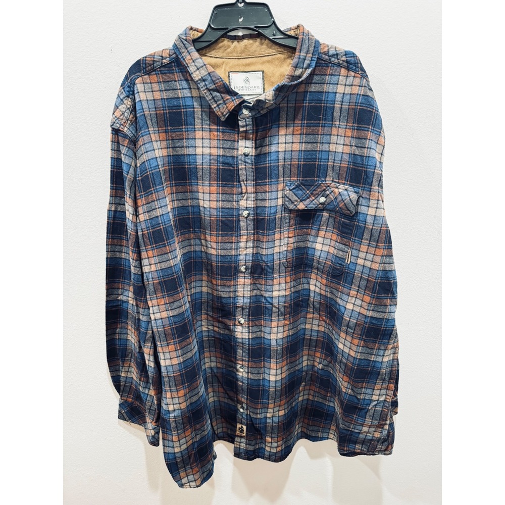 Legendary Whitetails Buck Camp Flannel Shirt Mens 4XT Blue Orange Plaid Cotton